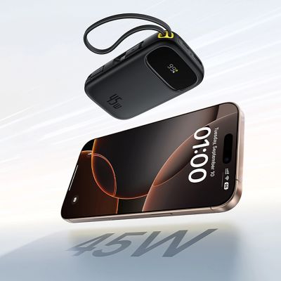 7. Baseus EnerFill FC31 20000mAh 45W Powerbank mit Digitalanzeige und 2 integrierten USB-C-Kabeln – Schwarz