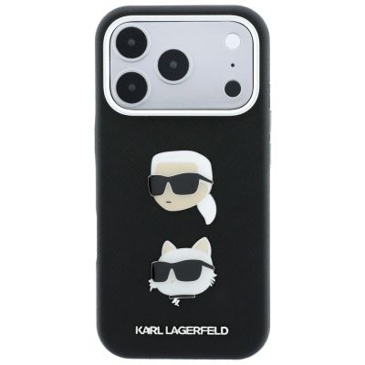 4. Karl Lagerfeld Saffiano Karl&Choupette Heads Pins Strap Logo Case für iPhone 18 Pro / 17 Pro - Schwarz