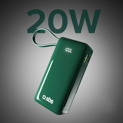 4. Powerbank SBS 10000 mAh 20W mit integriertem USB-C-Kabel und Digitalanzeige - grün
