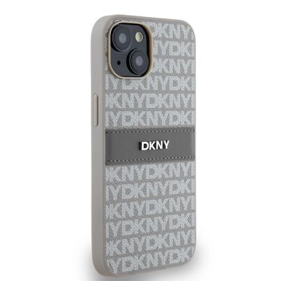 4. DKNY Lederhülle mit Monostreifen und Metalllogo für iPhone 15 / 14 / 13 – Beige