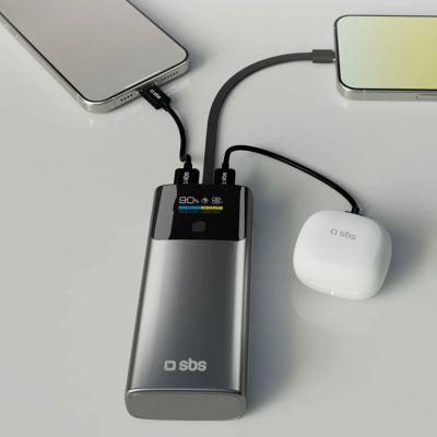 9. SBS 10000 mAh PD 20 W Powerbank mit LCD-Display und integriertem USB-C-Kabel - Grau