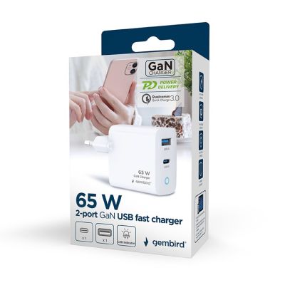 2. GEMBIRD 2-Port GAN (PD) USB (A+C) Schnellladegerät, 65W, Weiß