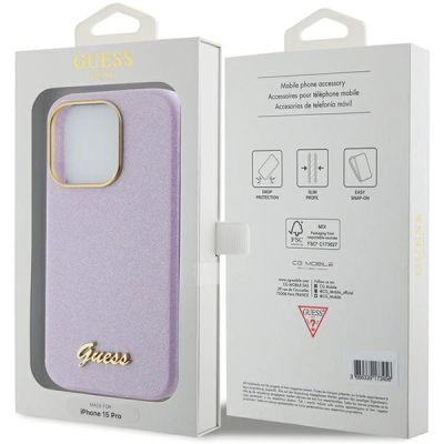 8. Guess Glitter Glossy Script Hülle für iPhone 15 Pro Max – Flieder