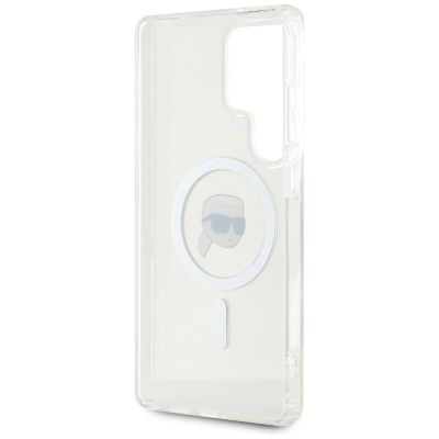 7. Karl Lagerfeld Button Karl Head gedrucktes Logo MagSafe Samsung Galaxy S25 Ultra Hülle weiß