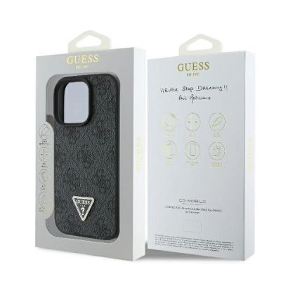 8. Guess Leder 4G Triangle Strass MagSafe Hülle für iPhone 16 Pro Max – Schwarz