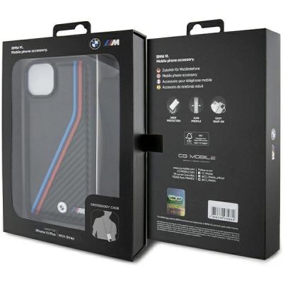 7. BMW M Edition Carbon Tricolor Lines & Strap Hülle für iPhone 15 Plus / 14 Plus – Schwarz