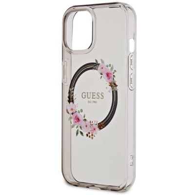 6. Guess IML Flowers Wreath MagSafe Hülle für iPhone 15 / 14 / 13 – Schwarz