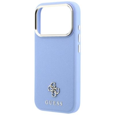 6. Guess Saffiano Small 4G & Classic Logo MagSafe Hülle für iPhone 18 Pro / 17 Pro - Hellblau
