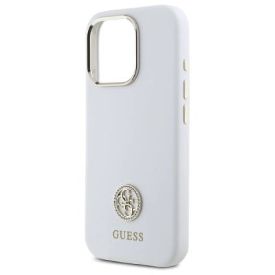 6. Guess Silikon Logo Strass 4G Hülle für iPhone 16 Pro – weiß