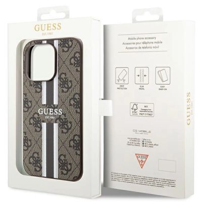 8. Guess 4G Printed Stripes MagSafe-Hülle für iPhone 15 Pro – braun