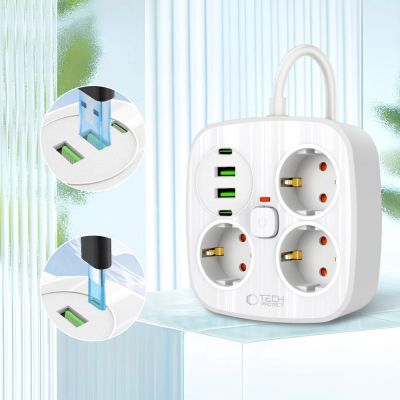 3. Tech-Protect PCS3X4 Steckdosenleiste, 3 Steckdosen, 2xUSB-A, 2xUSB-C 200 cm - weiß