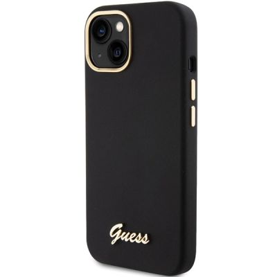 2. Guess Silikon Script Metal Logo & Frame Hülle für iPhone 15 – Schwarz