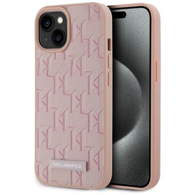 Karl Lagerfeld Leder-Monogramm-Metalllogo MagSafe iPhone 15 Hülle - Rosa