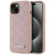 Karl Lagerfeld Leder-Monogramm-Metalllogo MagSafe iPhone 15 Hülle - Rosa
