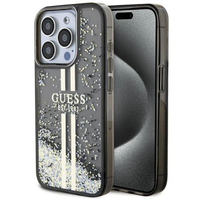 Guess Liquid Glitter Gold Stripes Hülle für iPhone 15 Pro – Schwarz