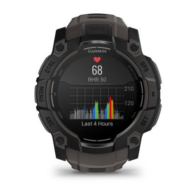 6. Garmin Instinct 3 – 50 mm AMOLED-Uhr, schwarz mit mattschwarzem Armband