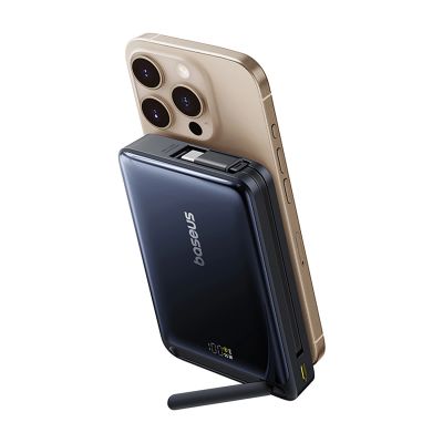 3. Baseus Nomos 10000mAh 45W Qi2 Powerbank mit MagSafe-kompatiblem Ständer und integriertem USB-C-Kabel – Schwarz