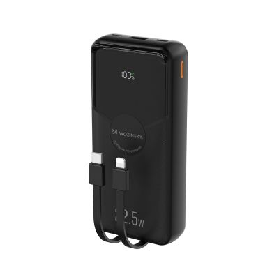 Wozinsky WFC-15B 20000mAh 22,5W PD20W Powerbank mit integrierten Lightning und USB-C-Kabeln – Schwarz