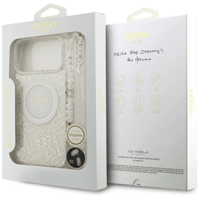 8. Guess IML Blumenmuster, galvanisiert, mit Perlmuttriemen und MagSafe-Hülle für iPhone 18 Pro Max / 17 Pro Max – Weiß