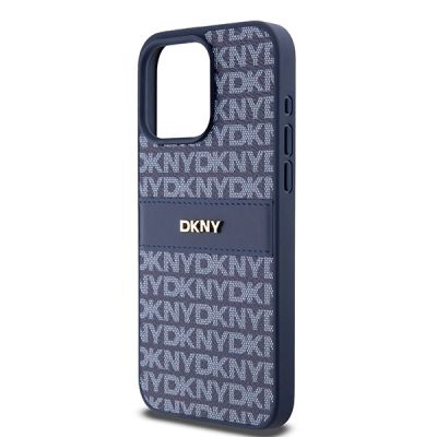 6. DKNY Lederhülle mit Monostreifen und Metalllogo für iPhone 15 Pro Max – Blau