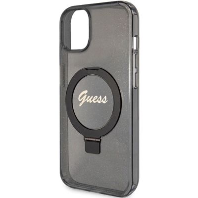6. Guess Ring Stand Script Glitter MagSafe-Hülle für iPhone 13 / 14 / 15 – Schwarz