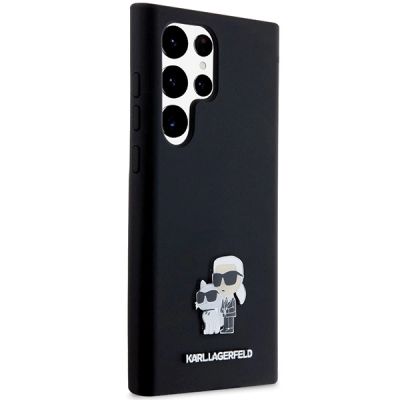 4. Karl Lagerfeld Silikon Karl&Choupette Metal Pin Hülle für Samsung Galaxy S24 Ultra – Schwarz