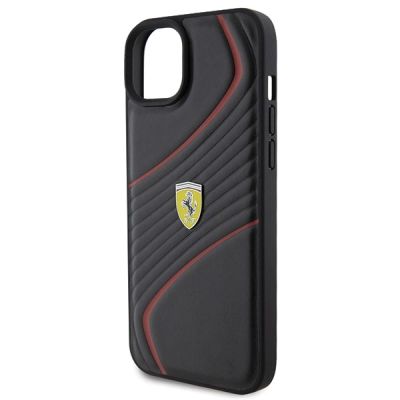 6. Ferrari Twist Metal Logo-Hülle für iPhone 15 Plus – Schwarz