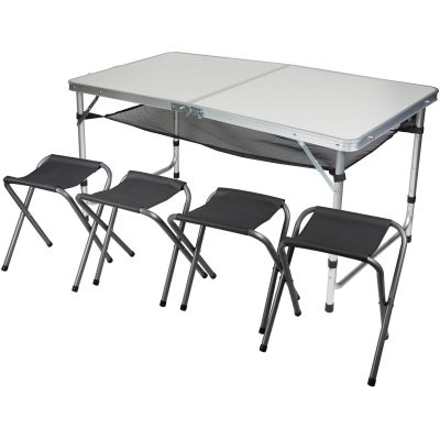 15. Klappbarer Campingtisch 120x60x70/62/55cm, 4 Stühle und Ablage