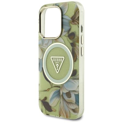 6. Guess Glitter Flowers Triangle Buttons MagSafe Case für iPhone 16 Pro Max grün