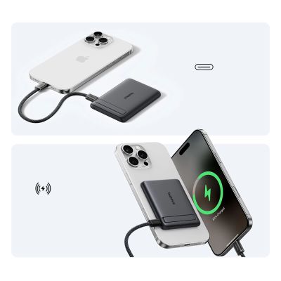 13. Baseus PicoGo AM31 Qi2 5000mAh 20W MagSafe-kompatible Powerbank mit Ständer (mit schwarzem, einfach ummanteltem USB-C-Kabel, 30 cm) – Schwarz