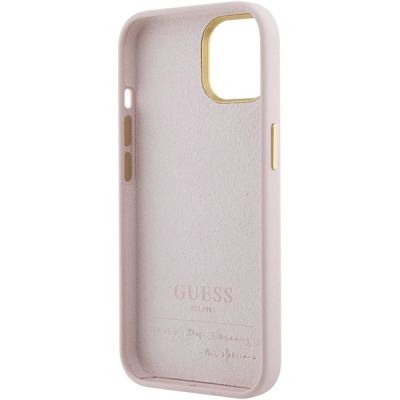 7. Guess Silikon Script Metal Logo & Frame Hülle für iPhone 15 – Rosa