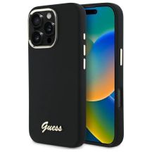 Guess Silikonhülle mit Metalllogo und Rahmen für iPhone 16 Pro Max – Schwarz