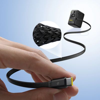 8. Baseus EnerCore CG11 70W 6-in-1 Reiseadapter mit einziehbarem USB-C-Kabel – Schwarz