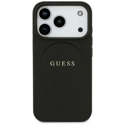 3. Guess MagSafe Hülle mit genarbtem Goldring für iPhone 18 Pro / 17 Pro – Schwarz