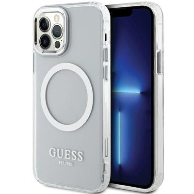 Guess Metal Outline Magsafe Hülle für iPhone 12 / iPhone 12 Pro – Silber