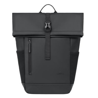 5. Rivacase Eden Rucksack, Roll-Up-Rucksack, Schwarz, Polyester, Gewachstes Leder (zum Hochziehen)