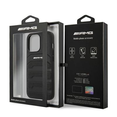 8. AMG AMHCP14LGSEBK iPhone 14 Pro 6.1 "schwarz / schwarzes Hardcase Leder geprägte Linien