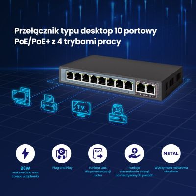 4. Extralink Switch PoE CERES 8x 100 Mbit/s PoE/PoE+, 2x RJ45 Uplink 100 Mbit/s, 96 W