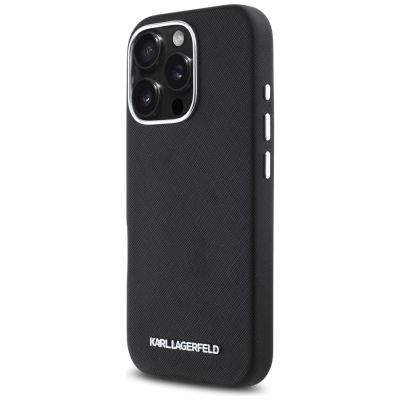 2. Karl Lagerfeld Saffiano Vollständig umwickeltes längliches Metalllogo MagSafe iPhone 16 Pro Max-Hülle - Schwarz