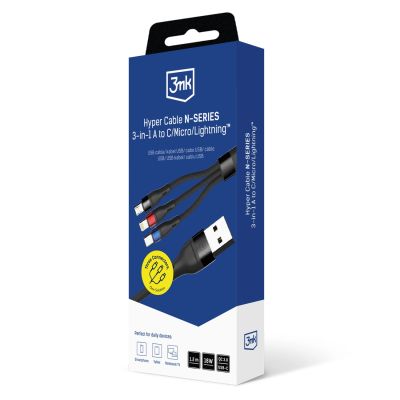 8. 3mk Hyper Cable N-SERIES 3-in-1 USB-A / Lightning / Micro 1,2 m 9 V/2 A 18 W – Schwarz