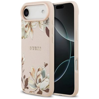 Guess MagSafe iPhone Air Hülle mit klassischem Logo und Grained Flowers-Muster – Rosa