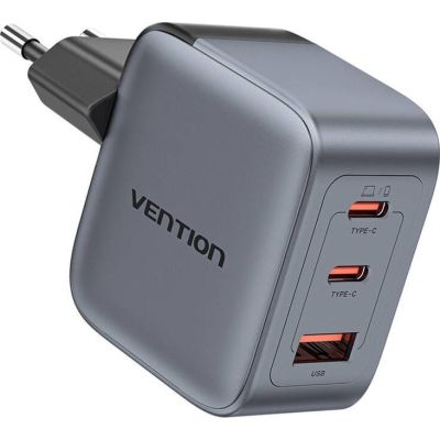 4. Vention 70W GaN PD Ladegerät, 1x USB-A, 2x USB-C, Schwarz