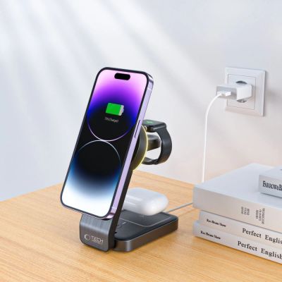 7. Tech-Protect QI15W-A28 induktives MagSafe 3in1 Ladegerät mit Ständer für Smartphone / Apple Watch / AirPods – Schwarz