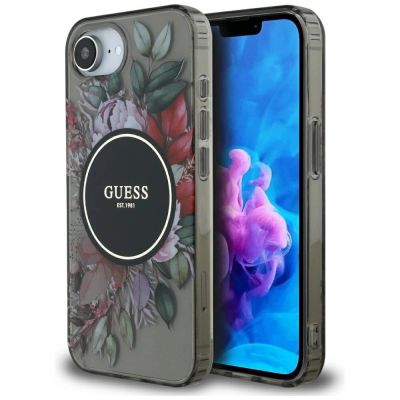 Guess IML Flowers MagSafe iPhone 16e Hülle - Schwarz