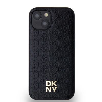 3. DKNY MagSafe-Hülle aus Leder mit Monogrammmuster und Metalllogo für iPhone 15/14/13 – Schwarz