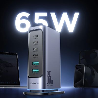 7. Joyroom JR-TCM02 Multiport-GaN-Ladegerät 65W EU 4x USB-C 2x USB-A - Dunkelgrau