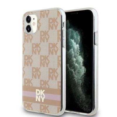 DKNY IML Checkered Mono Pattern & Printed Stripes MagSafe-Hülle für iPhone 11 / Xr – Rosa