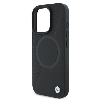 6. BMW Signature Leather Half Textured & Circle MagSafe Hülle für iPhone 16 Pro – Schwarz