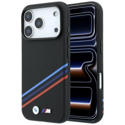 BMW M Quadrille Kevlar-Print, dreifarbige Linien & Metalllogo, MagSafe-Hülle für iPhone 18 Pro Max / 17 Pro Max – Schwarz