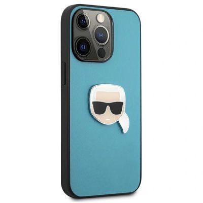 4. Karl Lagerfeld KLHCP13XPKMB iPhone 13 Pro Max 6,7" niebieski/blue hardcase Leather Ikonik Karl`s Head Metal